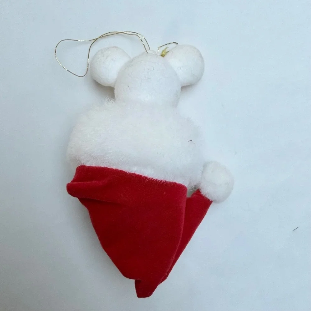 Vintage Christmas Mouse in Santa Hat Stocking Ornament Flocked Red White Holly